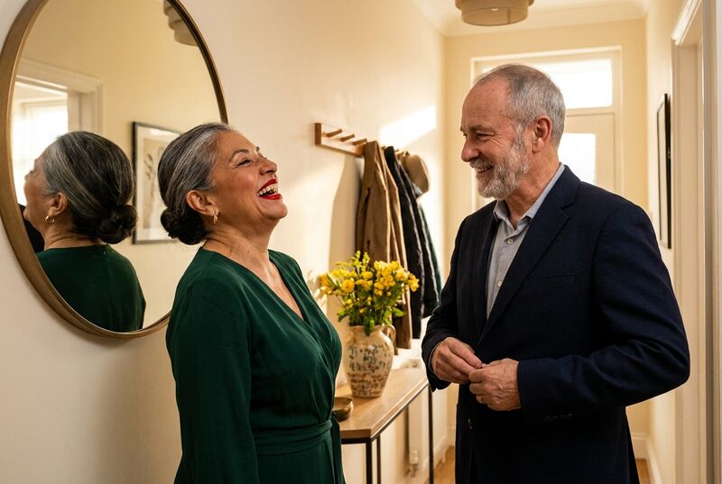 A woman in her sixties with a bold red lip and a green dress laughs in the hallway mirror while her husband buttons his blazer, ready for an evening out.