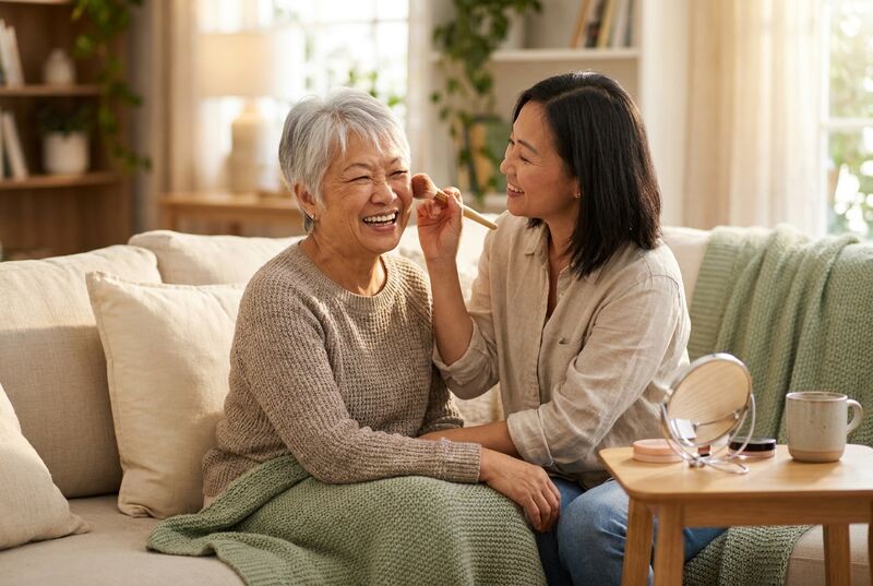 An older woman with short silver hair laughs on the sofa while her daughter sweeps a little blush onto her cheek with a big soft brush.