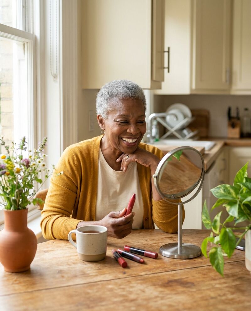 A smiling woman with short silver hair sits at her kitchen table, elbow resting on it, a red lip crayon in her hand and a small round mirror in front of her.