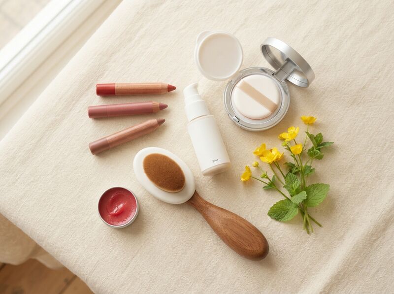 Easy makeup on cream linen: three chunky crayon pencils, a pump bottle, a cushion compact, a brush with a fat wooden handle and a tin of red tinted balm.