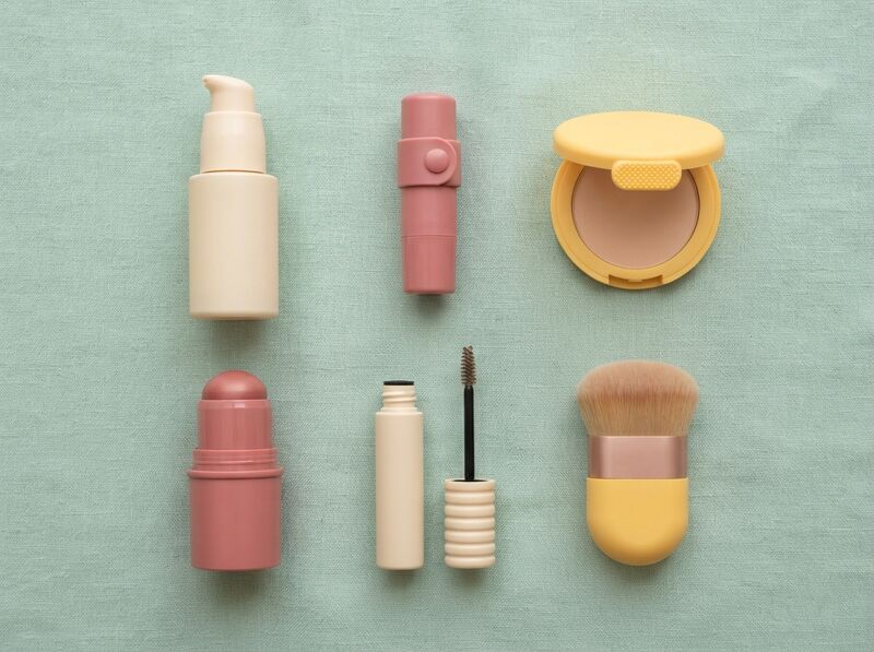 Easy to open makeup on mint linen: a pump bottle, a flip top balm, a compact with a big grip tab, a blush stick, a brow gel with a chunky cap and a short fat brush.