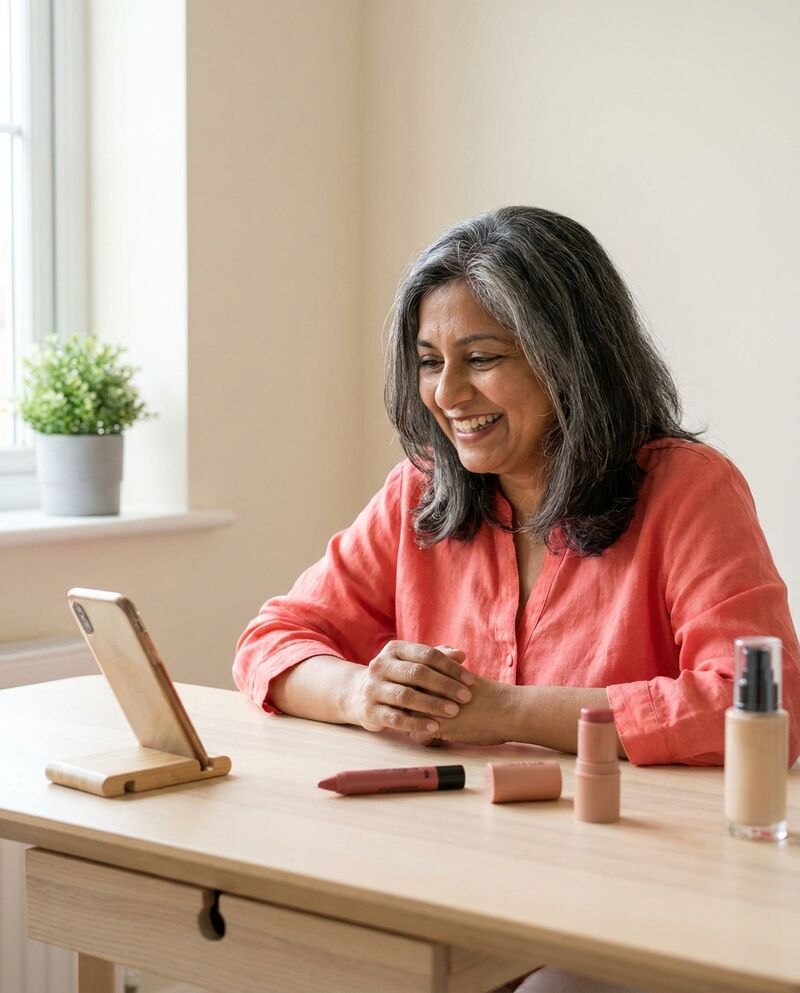 A smiling woman in a coral blouse sits at a wooden table, hands resting, while her phone on a small stand takes her photo.